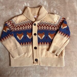 JOE FRESH Cozy Knit Brown and Blue Buttoned Cardigan Sweater with Fox Print